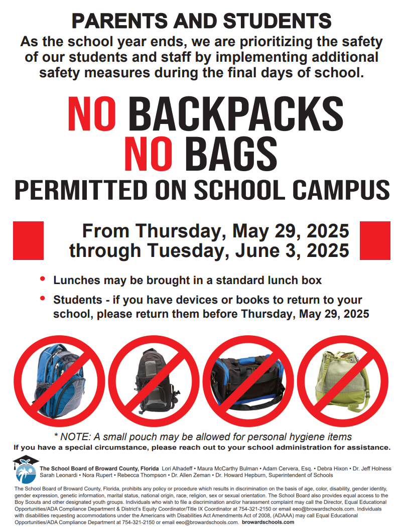 announcement of no backpacks or bags on campus